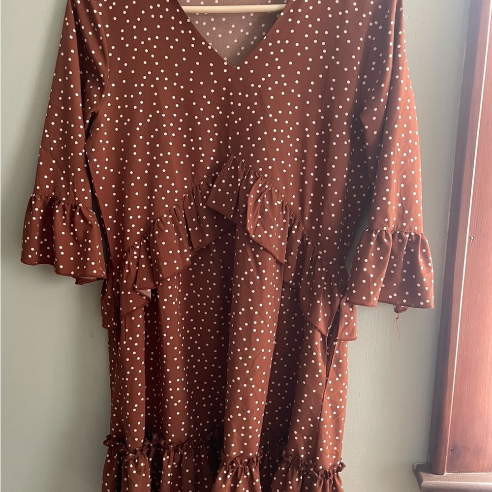 Brown and Orange Ruffled Tiered midi tunic dress with Bell Sleeves and pockets!
